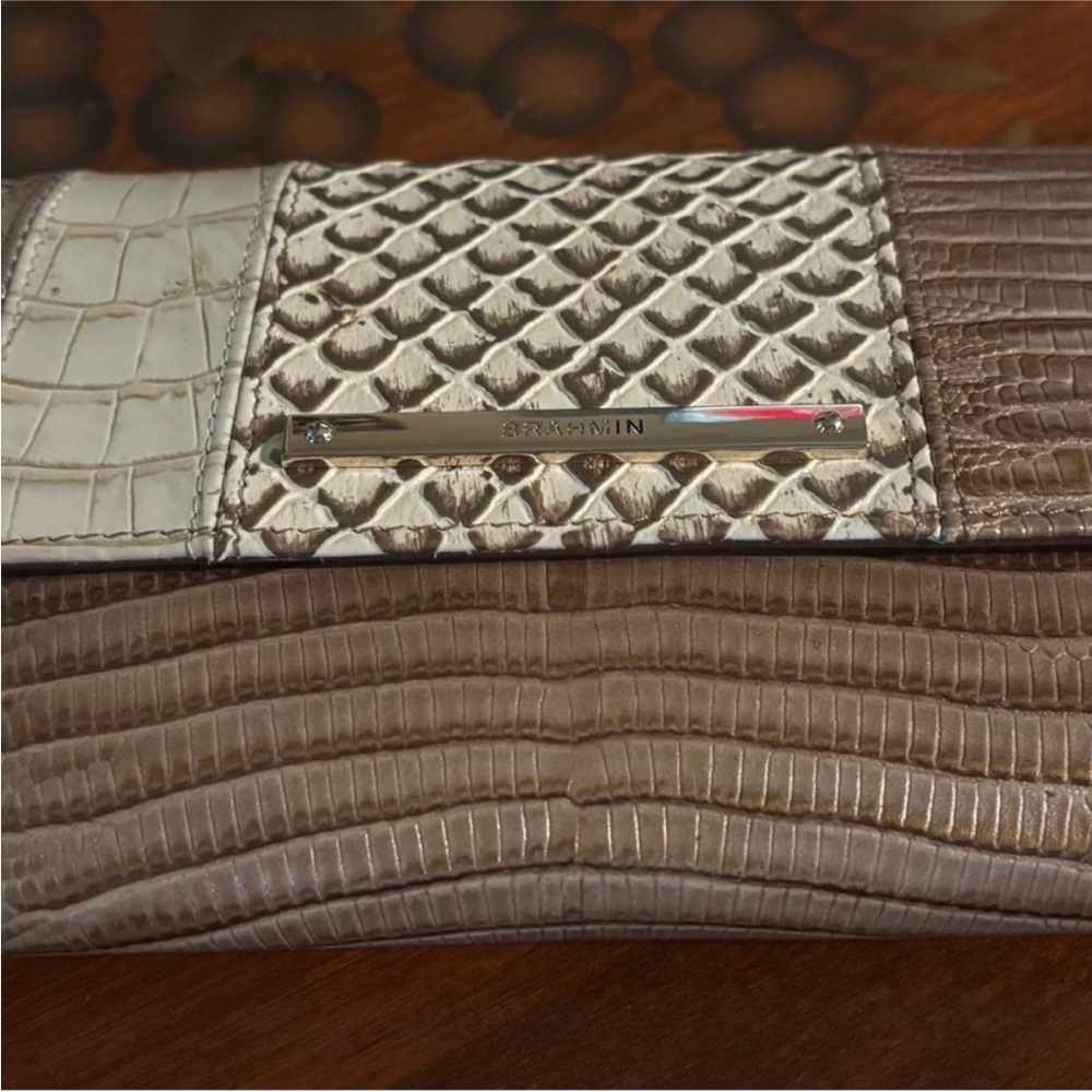 Brahmin Croc-snake skinEmbossed Clutch wallet in Taupe and Cream